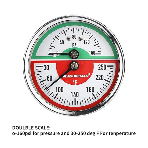 Miniatura 3 de MEASUREMAN Tridicator, Medidor de presión termo-manómetro, esfera de 2-1/2 pulgadas, 0-160 psi/30-250 grados F, caja de hierro negro, montaje