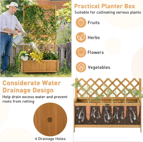 Miniatura 6 de Maceta de Jardín de Madera Giantex con Enrejado, Cama Elevada de 180 cm para Jardín, Enrejado Alto para Plantas Trepadoras y Flores, Maceta