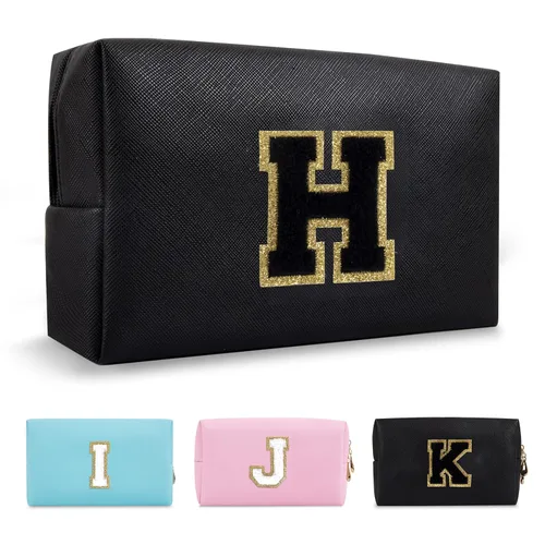 Miniatura 308 de Pequeña bolsa de maquillaje personalizada con inicial A-Z Preppy Patch, bolsa de cosméticos de viaje de felpilla blanca con cremallera, bonita bolsa