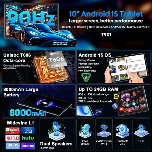 Miniatura 2 de Suicoey Tablet Android 15 2026 con teclado, 24 GB de RAM + 256 GB de ROM (expansión de 2 TB), tableta de 10 pulgadas con Gemini AI, Octa-Core