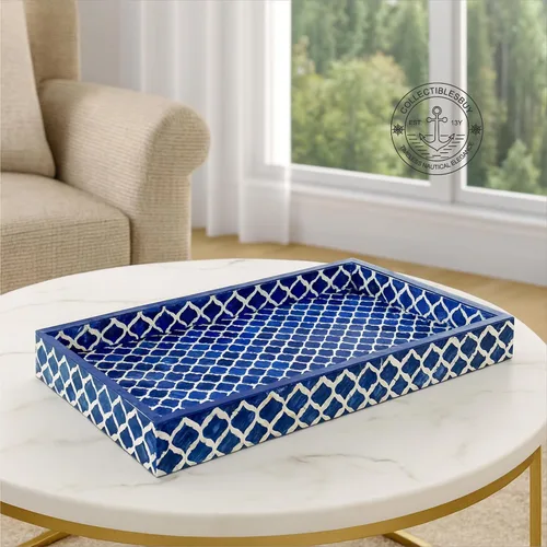 Miniatura 5 de Bandeja de servir hecha a mano con incrustaciones de hueso, bandeja de desayuno de damasco marroquí azul y blanco, bandeja rectangular de madera