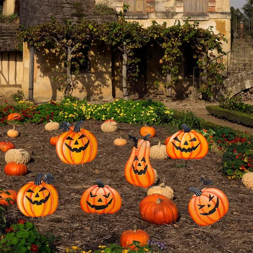 Miniatura 5 de Juegoal Paquete de 2 estacas de jardín de Halloween, calabazas de metal apiladas, decoración de césped Jack-o-Lantern, letreros de patio decorativos