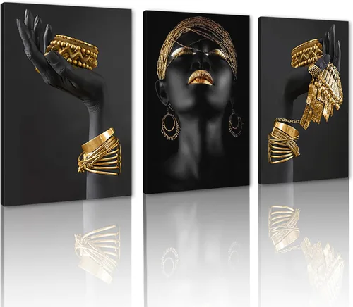 Miniatura 80 de MAMAGO Lienzo decorativo para pared, pintura de belleza dorada y negra, fotos de mujeres africanas, hermosos pósteres de mujer negra, impresiones