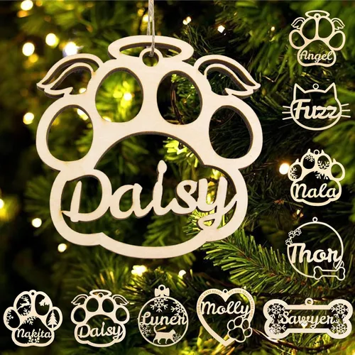 Miniatura 13 de Adorno personalizado de pata de perro y gato, adorno personalizado con nombre de mascota, adornos de madera personalizados para árbol de Navidad