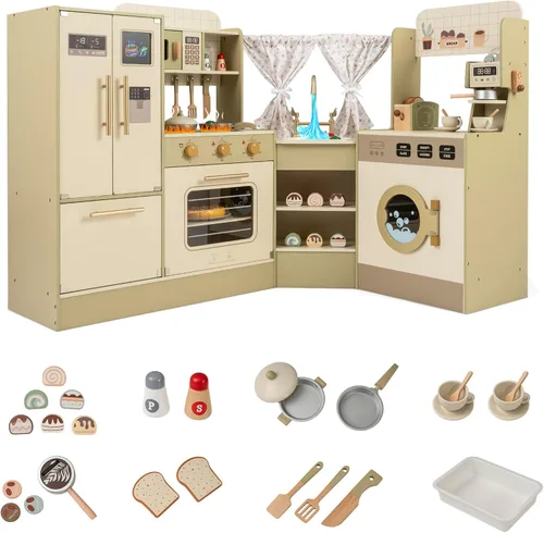 Miniatura 10 de Costzon Cocina de Esquina de Juguete con Luces, Sonidos, Gran Juego de Cocina de Pretensión con Pizarra, Microondas, Accesorios de Cocina, Juguete
