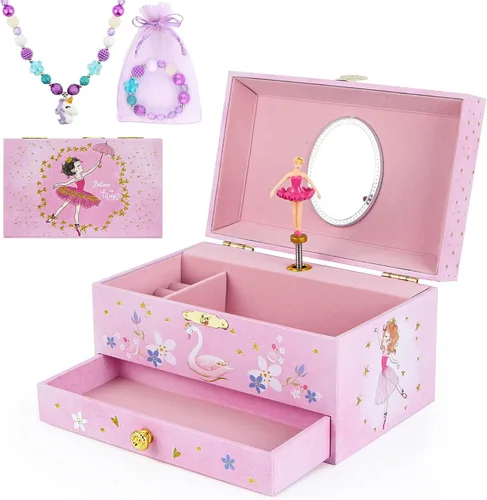 Caja de joyería musical con cajón, estuche de almacenamiento de joyería musical con bailarina giratoria, juego de regalo para niñas, niños, hijas