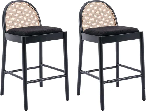 Miniatura 23 de HEAH-YO Taburetes de bar de ratán, juego de 2, taburetes de barra de 26 pulgadas de altura de mostrador con respaldos de ratán y patas de madera