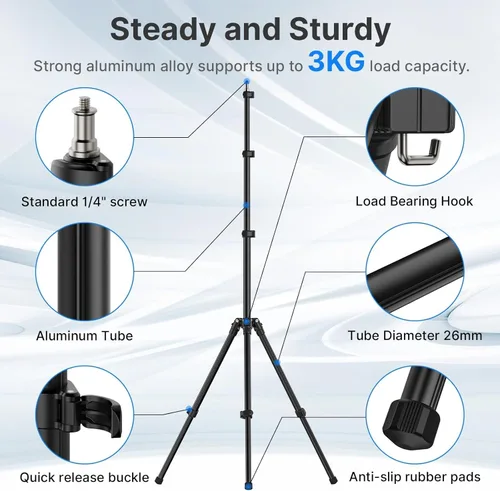 Miniatura 3 de ULANZI Soporte de luz de aluminio negro, trípode extensible de 6.32 pies para luces estroboscópicas, cámaras web, cámaras y cajas de luz blandas