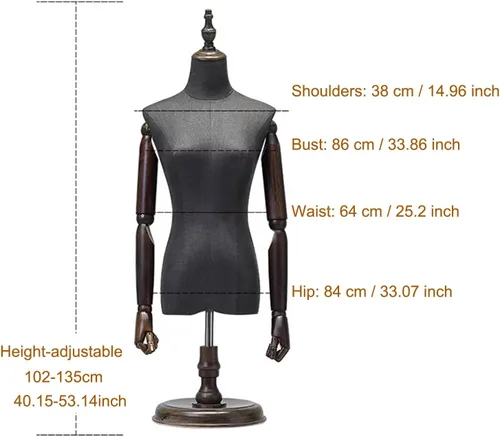 Miniatura 4 de Maniquí de forma de vestido femenino con soporte de metal ajustable, base de madera, cabeza y brazos desmontables giratorios para exhibición Con