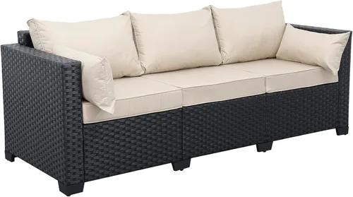 Miniatura 8 de Rattaner Muebles de patio, sofá de mimbre de 3 asientos, muebles de exterior, sofá de exterior, asiento profundo, respaldo alto, funda impermeable