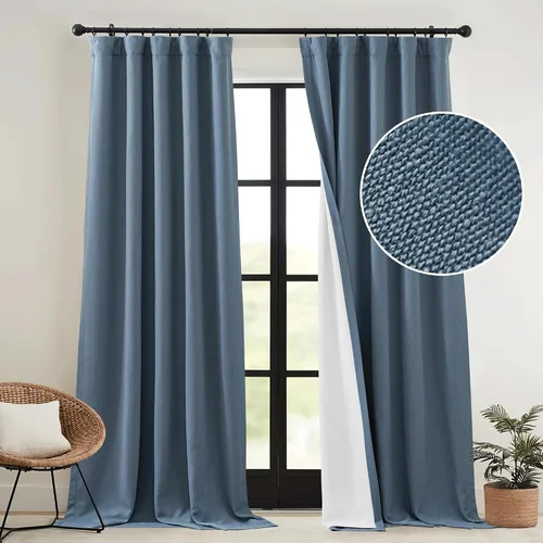 RYB HOME Juego de 2 paneles de cortinas azules de lino sintético de 84 pulgadas, bloqueo de viento ligero de granja, cortinas de ventana de