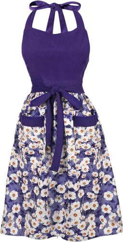 Miniatura 11 de Bonitos delantales florales para mujer con bolsillos, delantal de algodón ajustable con correa para el cuello para cocina, cocina, hornear