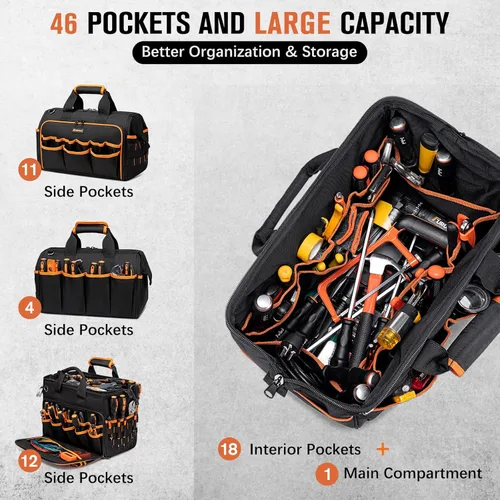 Miniatura 2 de Bolsa de herramientas de 17 pulgadas para electricistas para hombres, bolsa de herramientas resistente de 46 bolsillos, bolsa de herramientas HVAC