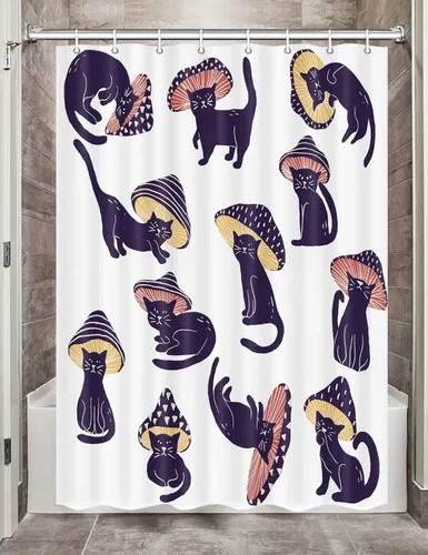 Miniatura 7 de MERCHR Cortina de Ducha de Gato Lindo Campista para Baño de Remolque de Viaje, Divertido Juego de Cortinas de Ducha de Tela Negra con Gato