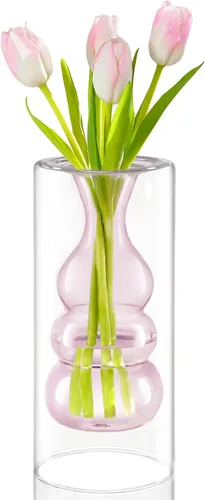Miniatura 11 de ZENS Florero Pequeño de Flor Rosa Único, Florero de Vidrio Transparente Flotante Doble Hueco, Moderno Jarrón Decorativo Soplado a Mano Fresco