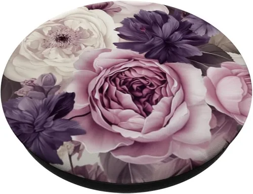 Miniatura 2 de Elegant Blush Pink & Purple Vintage Floral Rose PopGrip estándar y Peony PopSockets