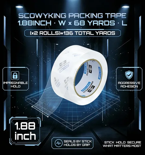 Miniatura 3 de 2 rollos de cinta de embalaje transparente, 4,7 cm x 62 m, 0,07 mm de grosor - Cinta de envío resistente para mudanzas, sellado de cajas, embalaje