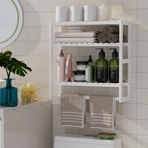 Miniatura 8 de Organizador de baño extralargo, estantes de almacenamiento 100% de bambú, altura ajustable sobre el inodoro, estante flotante para pared y ducha, se