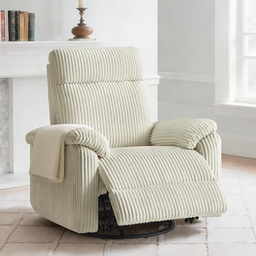 KISLOT Mecedora reclinable giratoria para adultos, de pana giratoria de 360 grados, manual de 3 posiciones, ajustable, fácil montaje para espacios