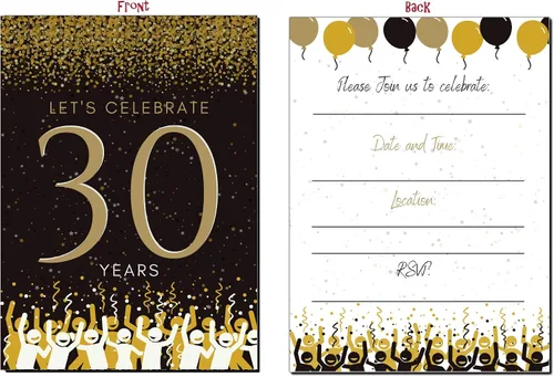 Miniatura 2 de Elcer Invitaciones para fiesta de cumpleaños número 30 Celebración de 30 años Feliz aniversario 5 x 7 Negro y dorado Estilo de relleno
