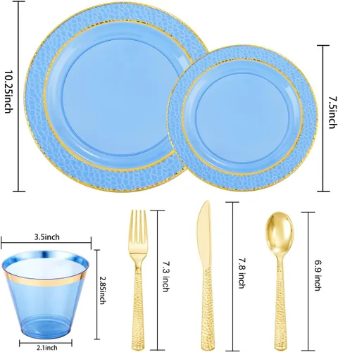 Miniatura 2 de Nervure 150 platos de plástico azul transparente, platos de fiesta dorados, juego de vajilla azul y dorado incluye: 50 platos desechables, 25 tazas