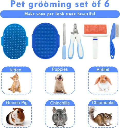 Miniatura 3 de Kit de aseo para mascotas con cepillo deslizante, cepillo de guante de masaje de baño, peine de desprendimiento de mascotas, cortaúñas, juego de 6