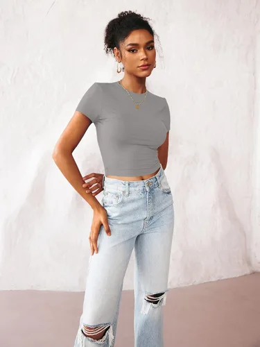 Miniatura 4 de TECREW Camiseta corta de verano para mujer, de manga corta, estilo casual, básica, cuello redondo, ajustada