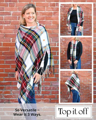 Miniatura 3 de Top It Off 3-in-1 Wrap - Womens Convertible Shawl - Versatile, Stylish Design - Button & Fringe Detail - Wear as a Poncho