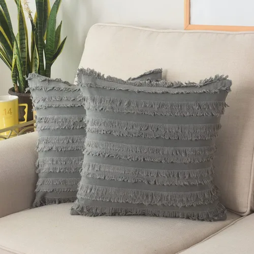 Miniatura 23 de GYROHOME Paquete de 2 fundas de almohada de algodón y lino, fundas de cojín decorativas, diseño de borlas, fundas de cojín modernas con flecos
