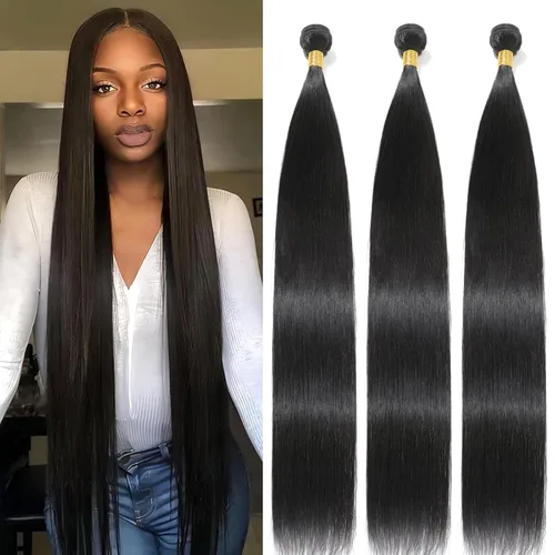 Miniatura 32 de Extensiones de cabello humano lacio tipo afro, 12 meses de vida útil de 10, 12 y 14 pulgadas, paquetes de cabello lacio brasileño Yaki 100% sin