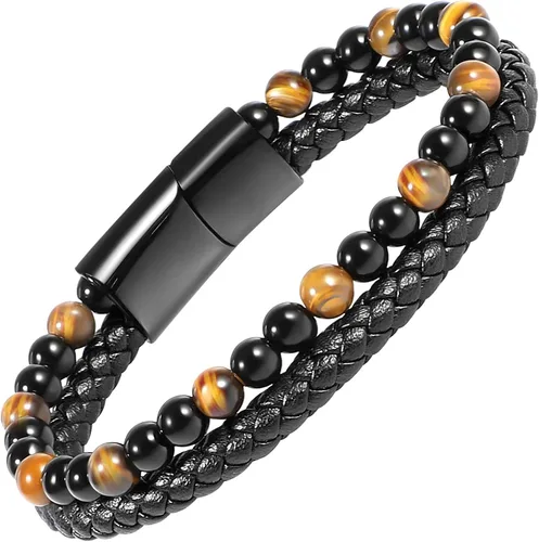 Miniatura 8 de Pulsera de cuero negro de ojo de tigre para hombre, piedra preciosa de ojo de tigre natural, joyería hecha a mano, pulsera de protección