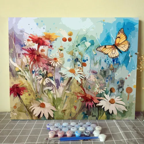 Miniatura 21 de Tucocoo Kits de pintura de paisaje de girasoles por números con pinceles y pigmento acrílico sobre lienzo para adultos, patrón de mariposas y flores