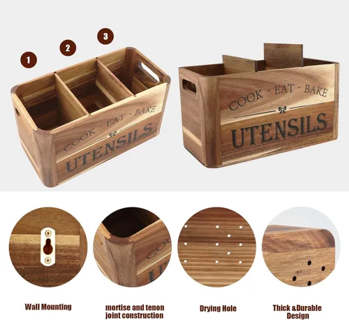 Miniatura 3 de Soporte para utensilios para encimera de cocina, organizador de madera extra grande de 3 compartimentos en madera de acacia, almacenamiento