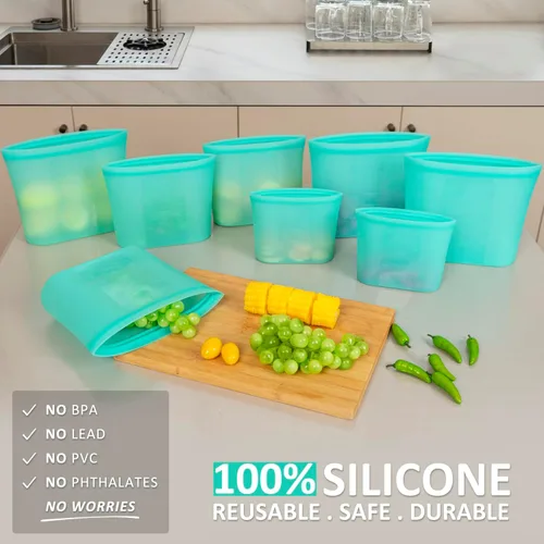 Miniatura 2 de Bolsas reutilizables para alimentos, paquete de 8, 100% bolsas de almacenamiento de alimentos de silicona con cierre de cremallera, aptas