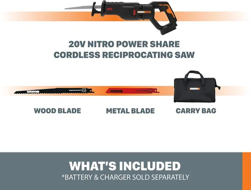 Miniatura 6 de Worx Nitro WX516L.9 Sierra recíproca inalámbrica Power Share de 20 V con motor sin escobillas (solo herramienta)