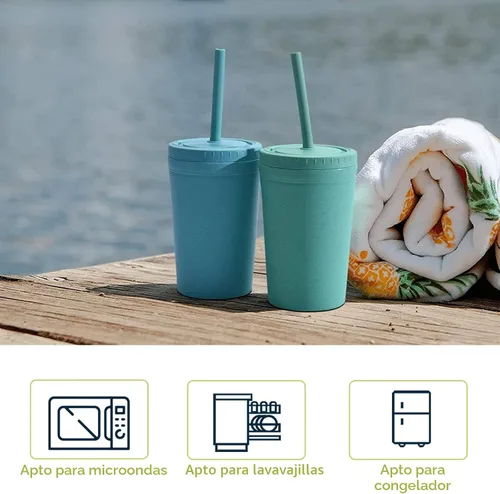 Miniatura 7 de Homestockplus Vasos reutilizables de paja de trigo con tapas y pajitas de silicona, 10 Oz resistentes a las astillas, tazas pequeñas de agua Varios