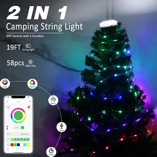 Miniatura 2 de DIBMS Paquete de 1 Cadena de Luces LED para Acampar con Control por App, 19 pies, recargable, multicolor, impermeable, luz colgante para acampar al