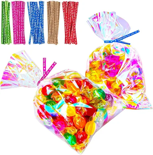 Miniatura 15 de Bolsas de celofán iridiscentes de 5 x 7 pulgadas con lazos giratorios, bolsas de golosinas para galletas, chocolates y palomitas de maíz
