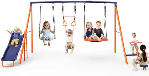 Miniatura 9 de Juego de columpios para patio trasero - Juego de patio de juegos 6 en 1 de servicio pesado de 550 libras, columpio platillo mejorado para niños al