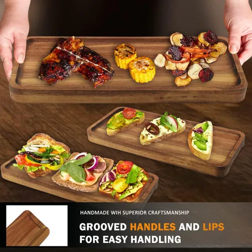 Miniatura 5 de GNIEMCKIN Bandeja de madera para servir, 13.8 x 5.1 pulgadas, juego de 4, bandeja de madera de acacia, perfecta para servir embutidos, postres