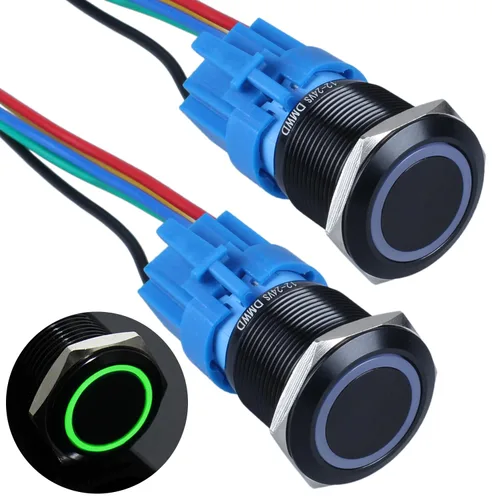 Miniatura 11 de 2 interruptores de botón de bloqueo de 0.748 in de 12 V-24 V, anillo de CC LED 1NO 1NC impermeable botón de metal negro encendido apagado