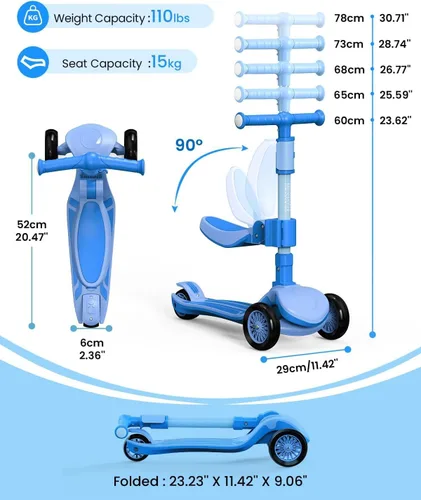 Miniatura 7 de Patinete ajustable 2 en 1 para niños de 3 a 5 años (adecuado de 3 a 12 años), manillar de 5 niveles y asiento extraíble, ruedas con luces LED