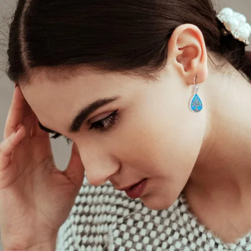 Miniatura 289 de Aretes colgantes de plata de ley con diseño de árbol de la vida, flor, abeja, animales, gato, colibrí, piedra lunar, turquesa, aretes con cierre