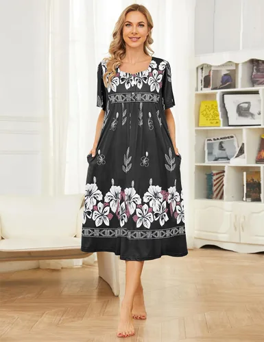 Miniatura 4 de Bloggerlove Camisón hawaiano para mujer, vestido de casa hawaiano Muumuu con estampado de tumbona, vestido de patio con bolsillos Moomoo