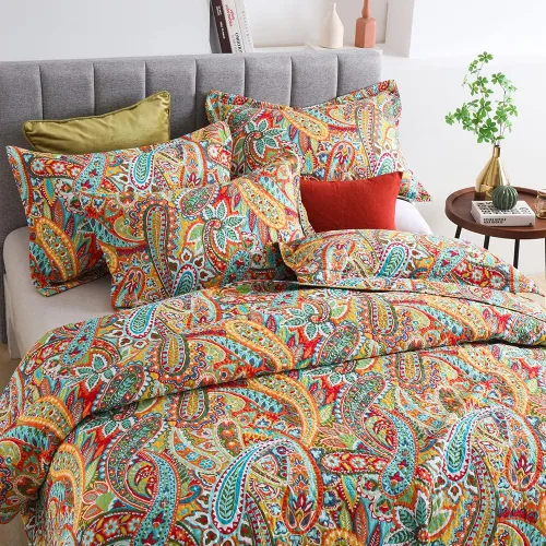 Miniatura 5 de Autumn Dream Juego de colcha de algodón, juego de edredón reversible de 3 piezas, color amarillo hermoso Paisley, tamaño Queen Amarillo Gorgeous
