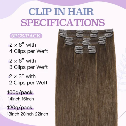 Miniatura 3 de Extensiones de cabello con pinzas, 16 pulgadas, 3.53 oz, 6 unidades, extensiones de cabello humano con clip, color marrón medio, lacio, suave