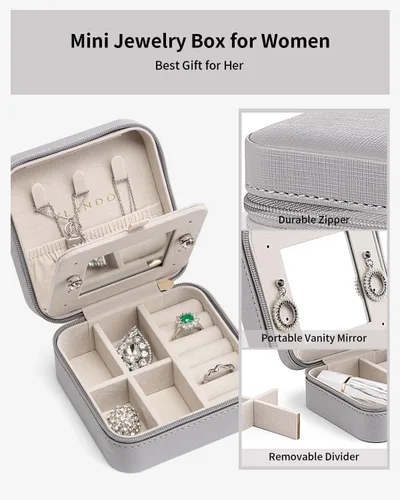 Miniatura 2 de Vlando Pequeño organizador de joyas de viaje, vitrina para niñas, mujeres, regalo anillos, aretes, collares, almacenamiento con espejo gris