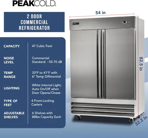 Miniatura 6 de PEAKCOLD by Iron Mountain - Alcance comercial de 2 puertas en refrigerador de acero inoxidable, interior blanco; 47 pies cúbicos, 54 pulgadas
