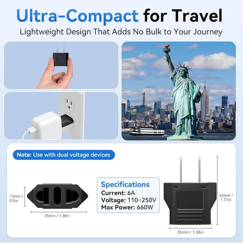 Miniatura 3 de Unidapt Adaptador de enchufe de viaje de EE. UU., Canadá y México, adaptador de enchufe europeo a estadounidense, adaptadores de salida universales