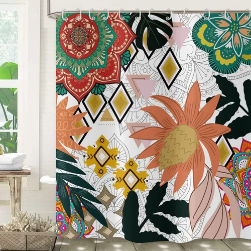 Miniatura 26 de Cortina de ducha bohemia y chic, cortina de baño moderna con hojas tropicales abstractas y ramas botánicas doradas, para decoración del hogar, tela
